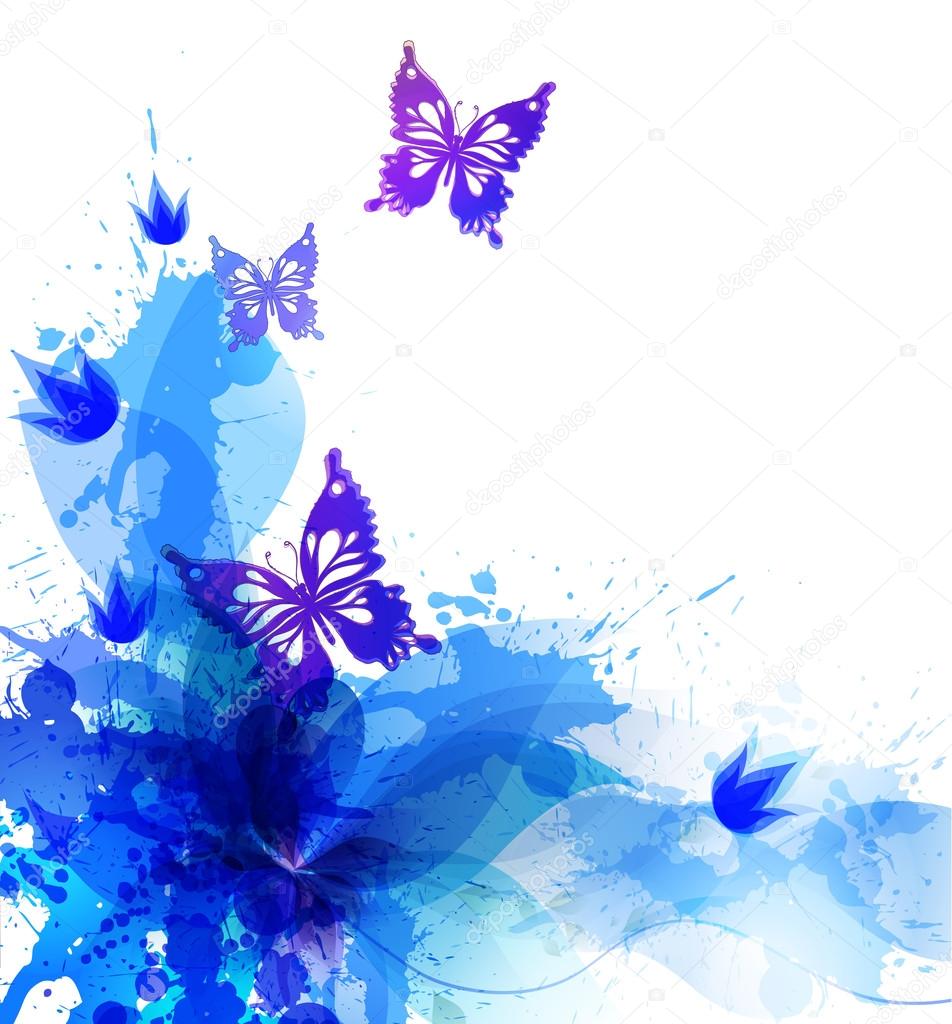 Background with watercolor flowers and butterflies