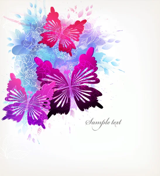 Watercolor flowers, butterflies and blots — Stock Vector