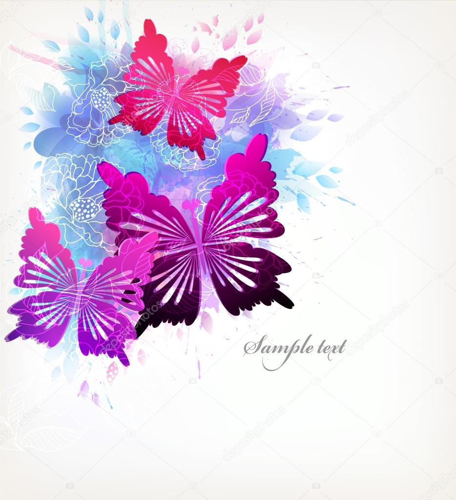 Watercolor flowers, butterflies and blots