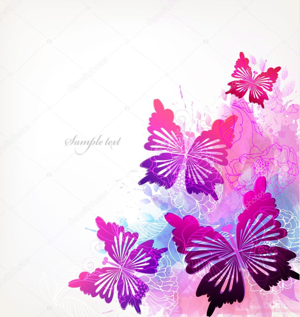 Watercolor flowers, butterflies and blots