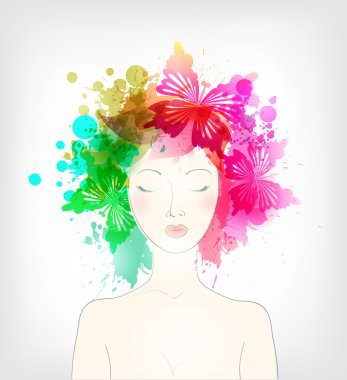 Soyut renkli çiçek ve lekeleri kadın ile