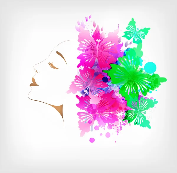 Mujer con flores coloridas abstractas y manchas — Vector de stock