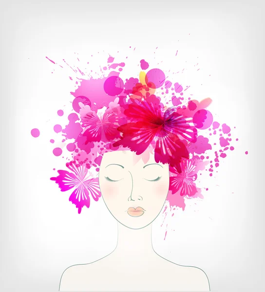Vrouw met abstracte kleurrijke bloem en vlekken — Stockvector