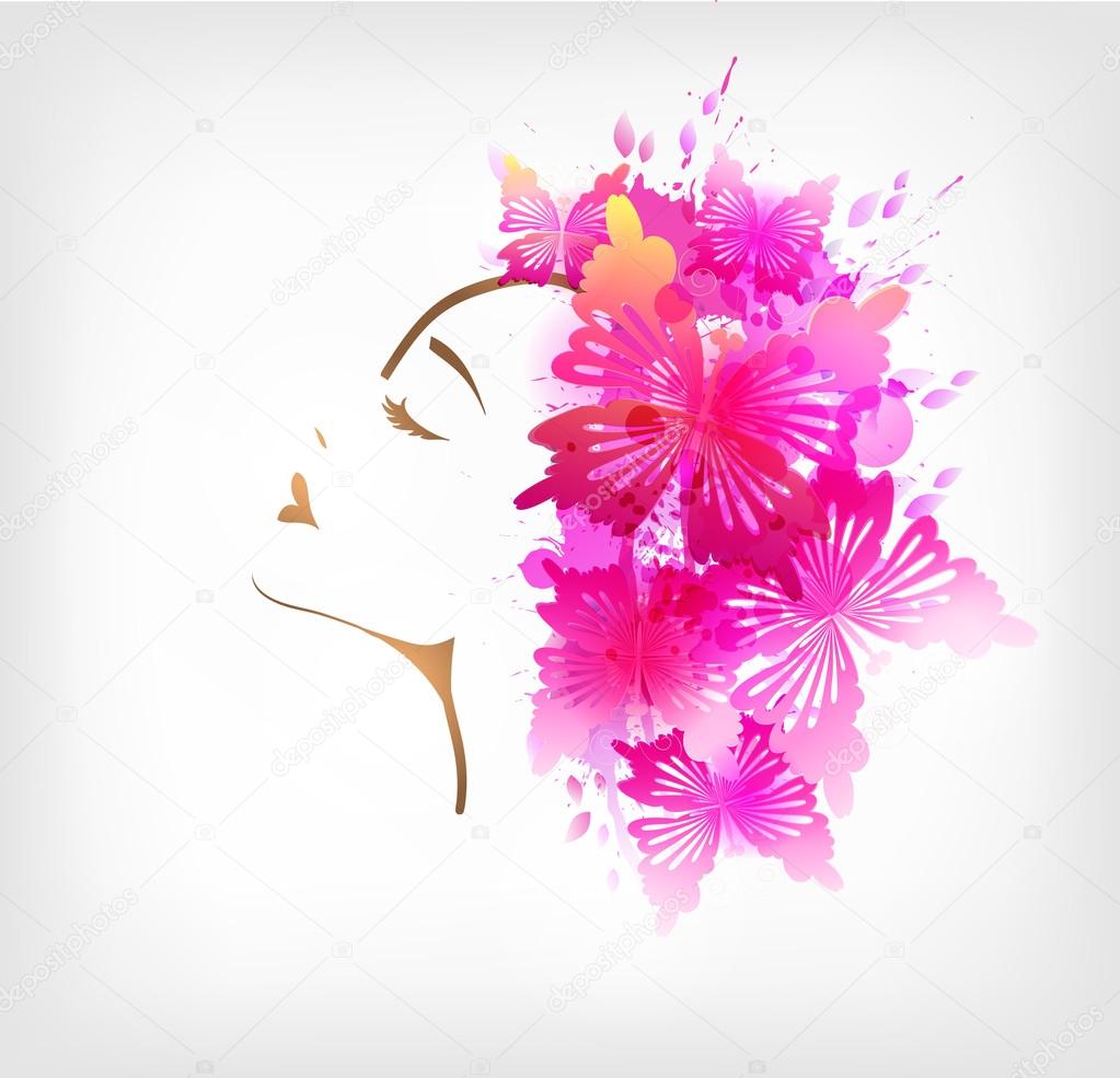 Woman with abstract colorful flower and blots