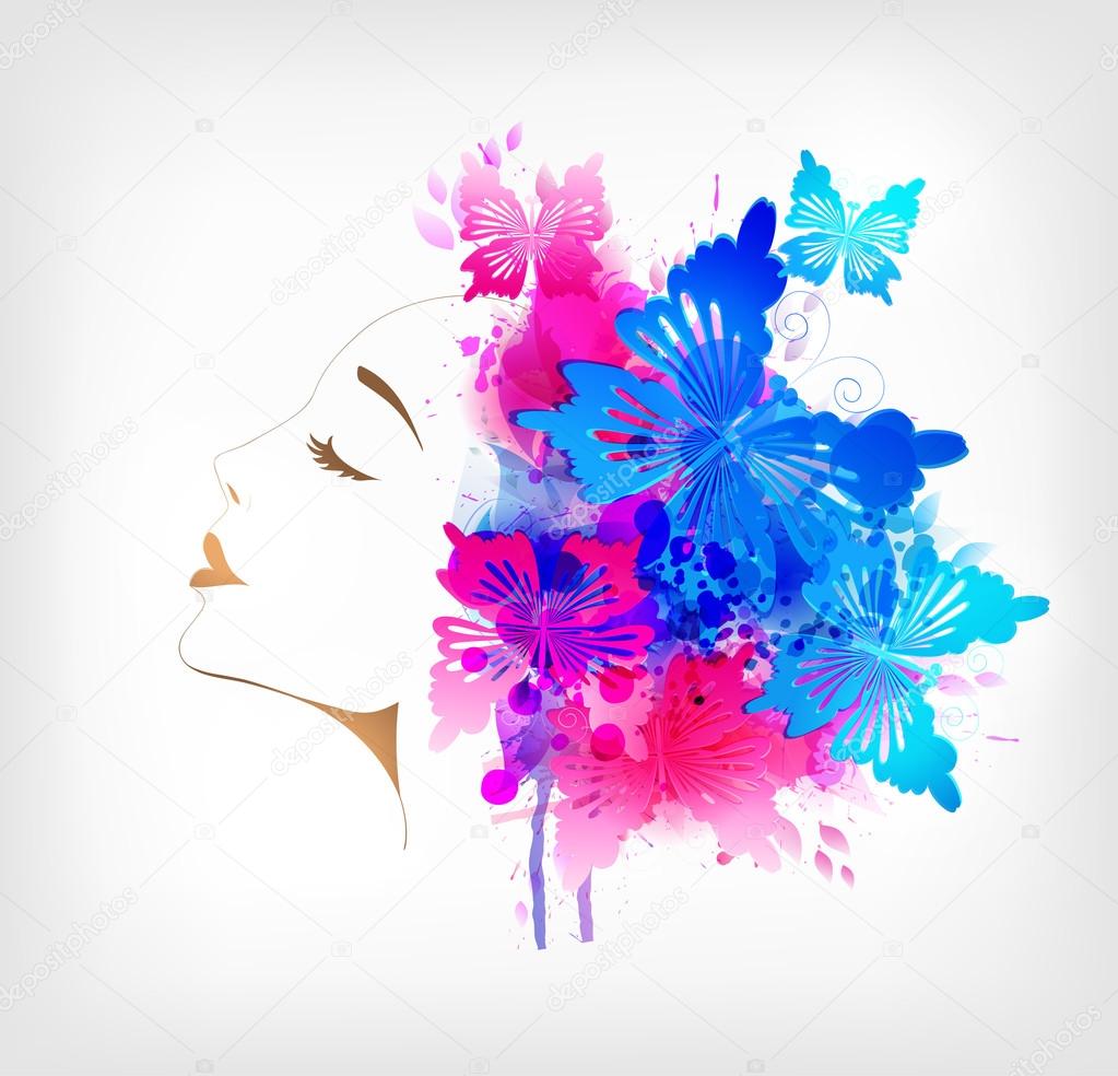 Woman with abstract colorful flower and blots