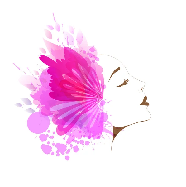 Cara de mujer con flores de colores y mariposas — Vector de stock