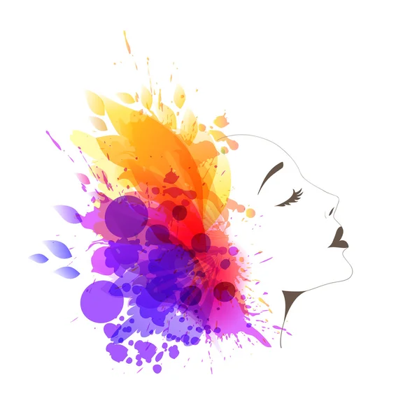 Cara de mujer con flores de colores y mariposas — Vector de stock