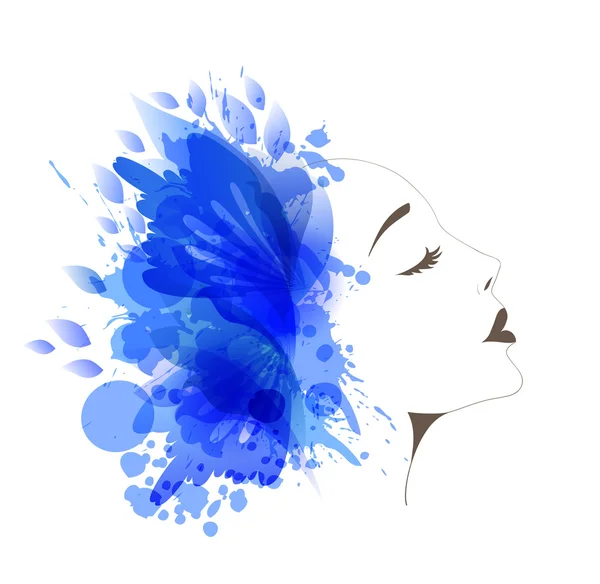 Visage de femme avec fleur colorée et papillons — Image vectorielle
