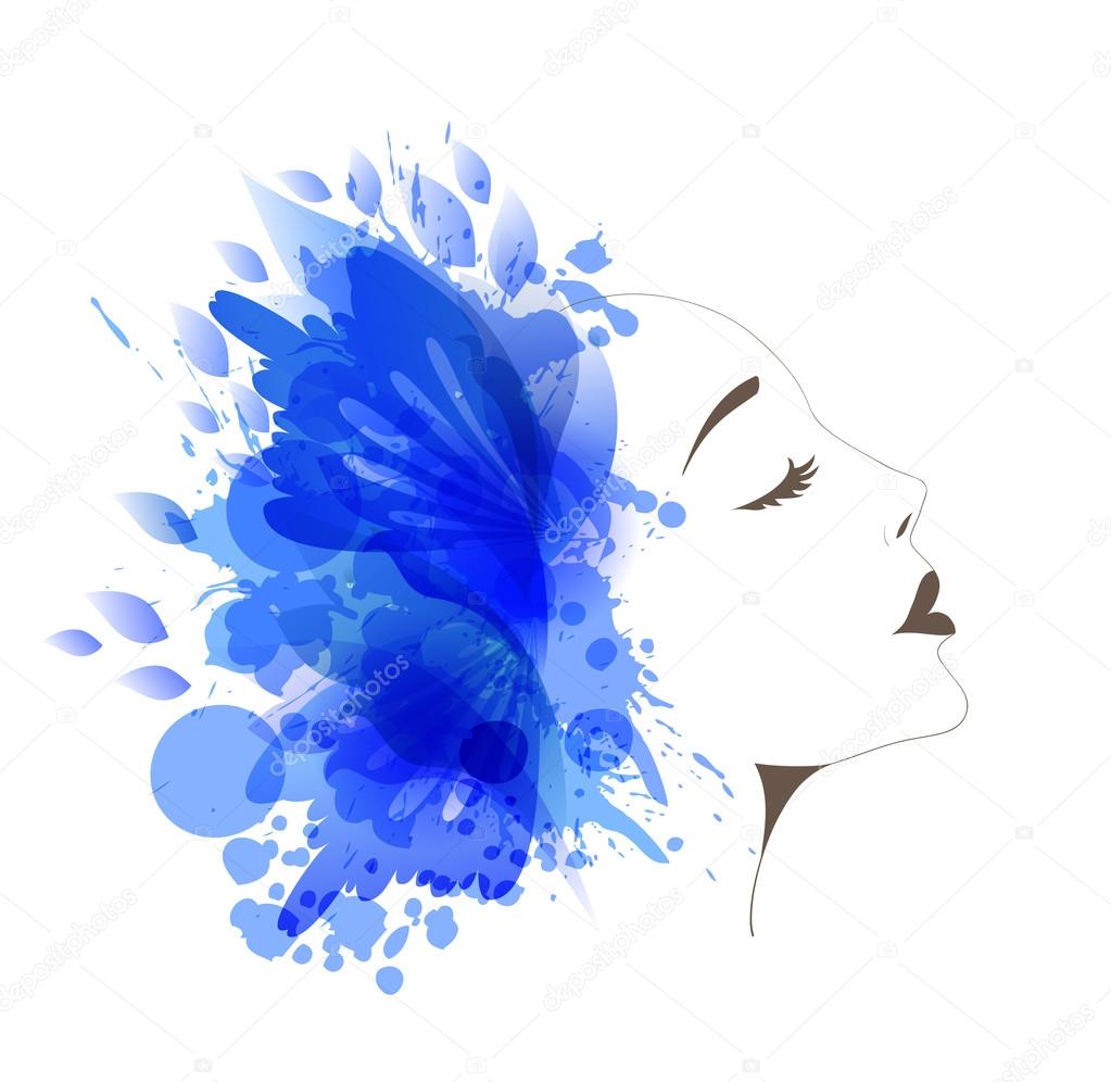 woman face with colorful flower and butterflies