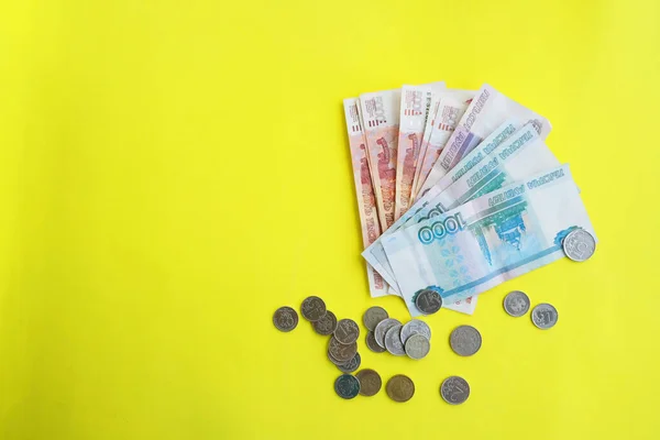 Money Yellow Background Russian Currency — Stockfoto