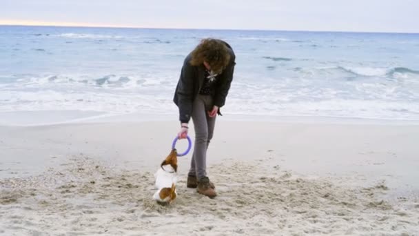 Giovane uomo lanciare anello giocattolo per il suo cane sulla spiaggia rallentatore — Video Stock