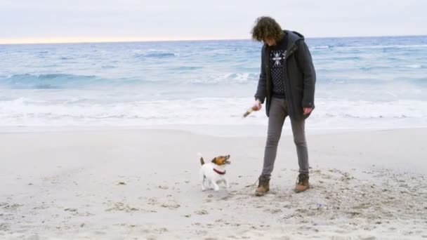 Ung man leker med sin hund på stranden slow motion — Stockvideo