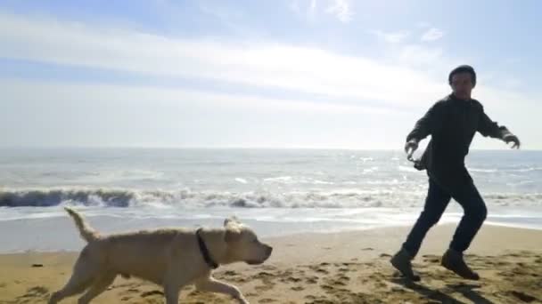 Joven corriendo con su perro en la playa cámara lenta — Vídeos de Stock