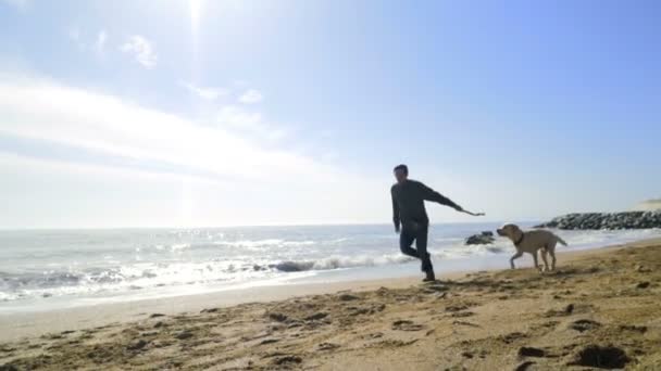 Giovane che corre con il suo cane sulla spiaggia rallentatore — Video Stock