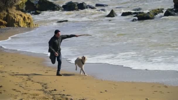 젊은 남자가 그의 강아지와 함께 해변 슬로우 모션에서 실행 — 비디오