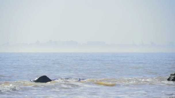 Panorama di un paesaggio urbano in nebbia attraverso il mare slow motion — Video Stock