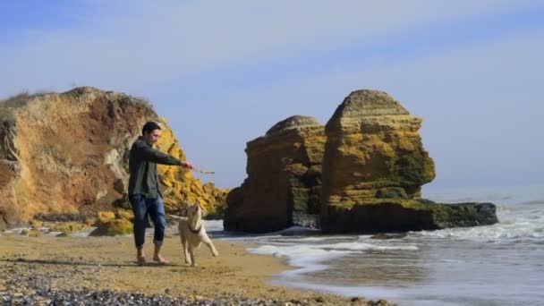 Ung man leker med sin hund på stranden slow motion — Stockvideo