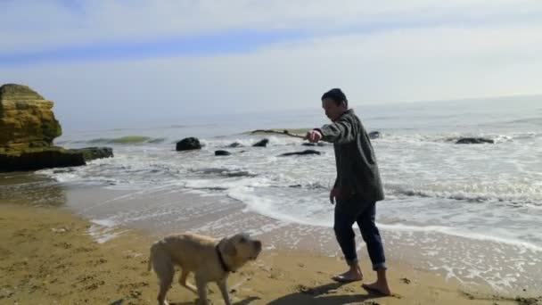 Giovane uomo che gioca con il suo cane sulla spiaggia slow motion — Video Stock