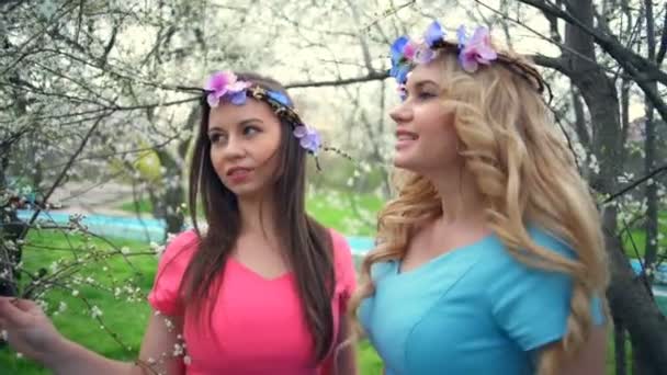 Two girls wearing circlets of flowers posing in spring blossom park slow motion — Stock Video