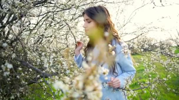 Hermosa mujer joven prueba el sabor de la floración del árbol de cámara lenta — Vídeos de Stock