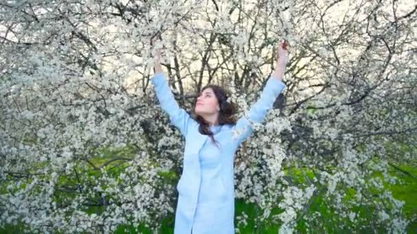 Hermosa joven hembra en medio de la flor del árbol de primavera cámara lenta — Vídeos de Stock