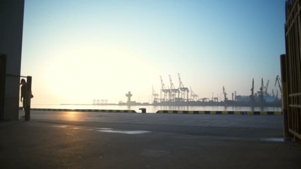 Jongeman skateboarden in de zeehaven op dageraad slow motion — Stockvideo