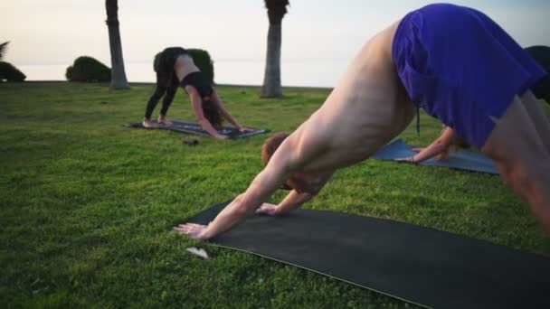 Grupo de personas haciendo yoga sobre hierba junto al mar al amanecer cámara lenta — Vídeo de stock