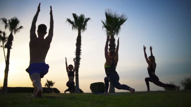 Grupo de personas haciendo yoga sobre hierba junto al mar al amanecer cámara lenta — Vídeo de stock