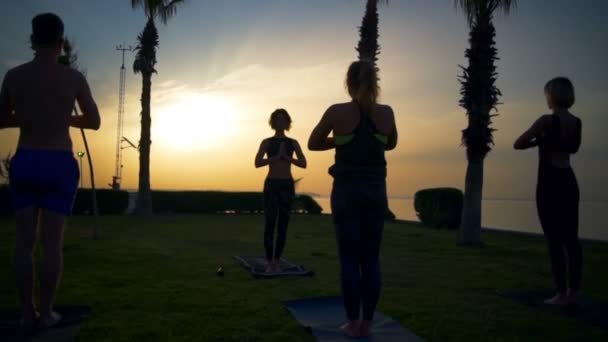 Siluet of group of people doing yoga on grass by the sea at dawn slow motion — Stock Video