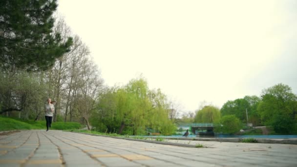 Молодая женщина, бегущая в парке замедленной съемки — стоковое видео