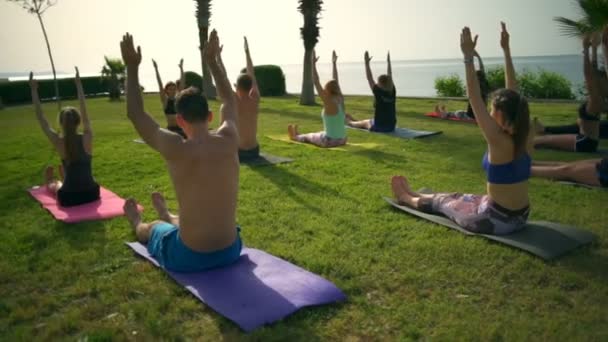 Gruppo di persone che praticano yoga sull'erba vicino al mare rallentatore — Video Stock