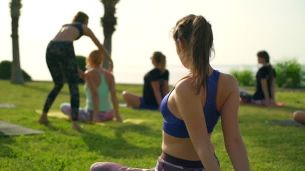 Grupo de personas practicando yoga en la hierba junto al mar cámara lenta — Vídeo de stock