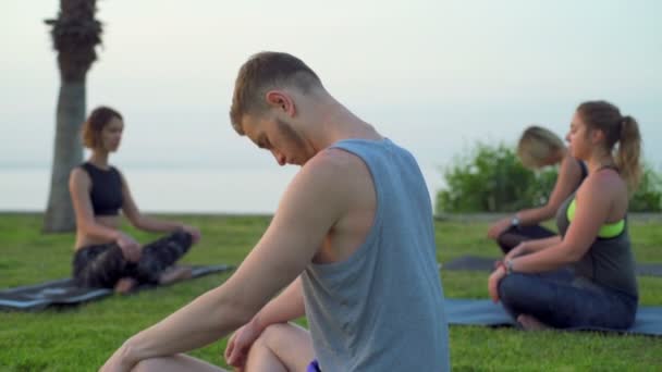 Grupp människor mediterar på gräs slow motion — Stockvideo