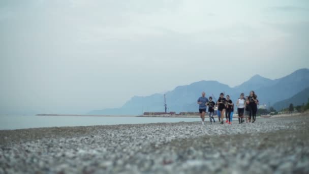 Gruppe von Sportlern joggt in Zeitlupe am Meer entlang — Stockvideo