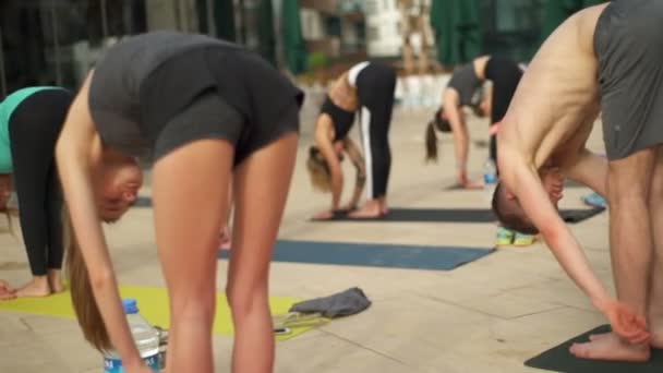 Gruppe von Menschen, die Yoga im Freien in Zeitlupe praktizieren — Stockvideo