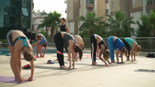Clase de yoga en grupo cerca de la piscina en cámara lenta — Vídeos de Stock