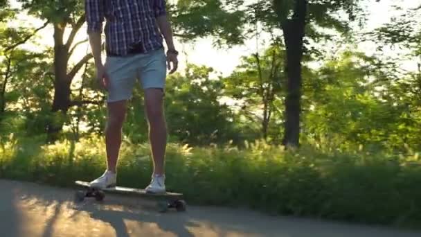 Handsome male riding longboard in park on sunny day slow motion — Stock Video