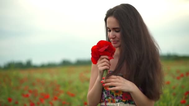 Giovane femmina sorridente in posa con un mazzo di papaveri in un campo slow motion — Video Stock