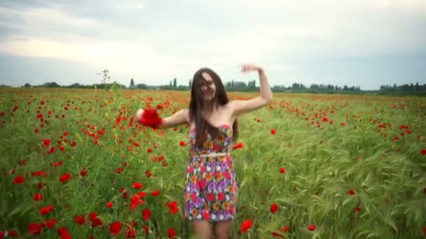Happy mladá žena skákat nahoru a dolů v makovém poli zpomalené — Stock video