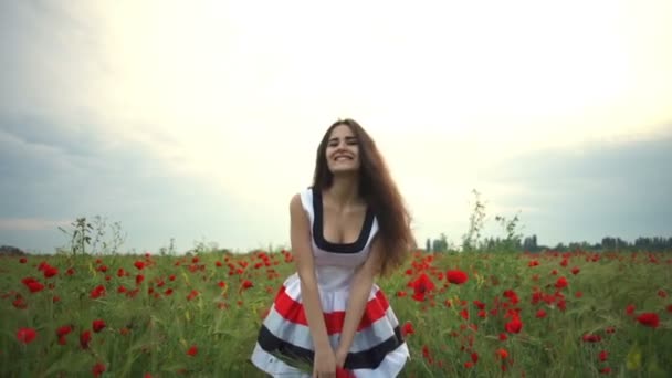 Fêmea feliz lança um buquê de papoilas no campo câmera lenta — Vídeo de Stock