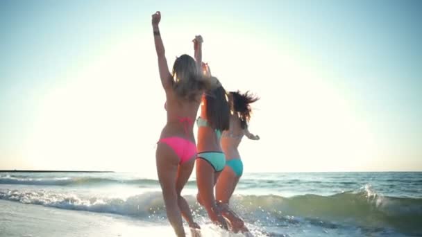 Back view joyful girls walking at the sea edge in sun light slow motion — Stock Video