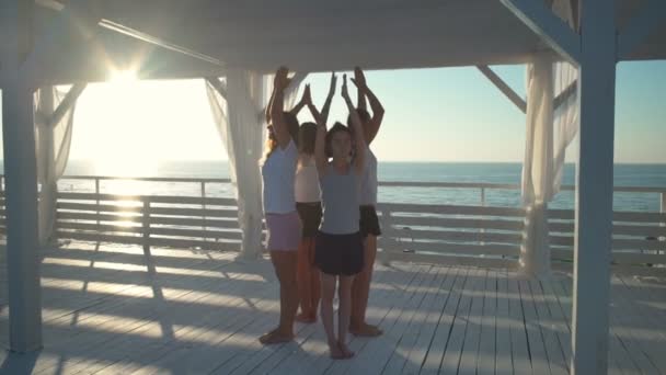 Gruppe von Frauen meditiert im Kreis auf der Terrasse am Meer im Morgengrauen in Zeitlupe — Stockvideo