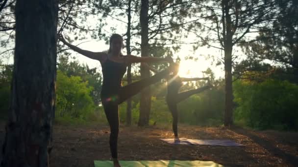 Meninas praticando ioga no pôr do sol floresta Utthita Hasta Padangustasana câmera lenta — Vídeo de Stock