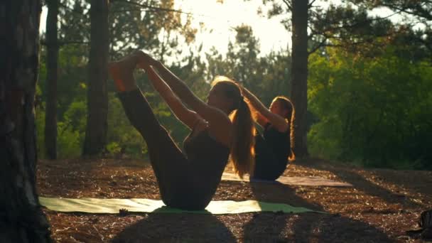 Дівчаток, які практикують йогу на заході сонця в лісі Paripurna Navasana повільний рух — стокове відео