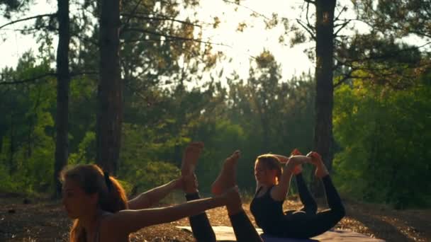 Flickor utövar yoga i solnedgången i skogen Dhanurasana Slow motion — Stockvideo