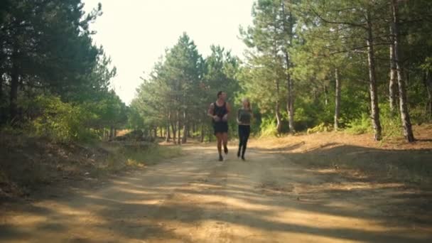 Couple sportif en vêtements de sport jogging souriant le long du chemin en forêt Mouvement lent — Video