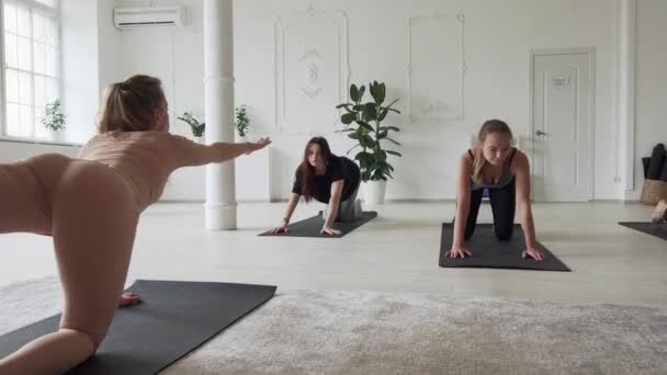 Jovens mulheres atraentes fazendo ioga em grande estúdio com instrutor — Vídeo de Stock