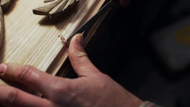 Close up de marceneiro bonito trabalhando com moldura de madeira câmera lenta — Vídeo de Stock