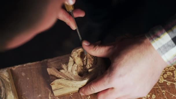 Top view of handsome joiner working with wood frame — Stock Video