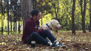insan ve köpek oturan sonbahar park kahve içme ağacında yakın:
